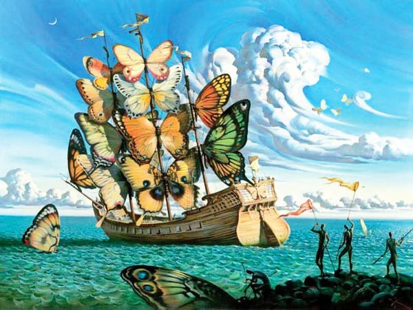 "Ship with Butterfly Sails"
لوحة "السفينة ذات الأشرعة الفراشية" لـ الفنان سلفادور دالي هي تجسيد مذهل للخيال السريالي لدالي، حيث تتحول الأشرعة التقليدية للسفينة إلى أجنحة فراشات ملونة. هذه اللوحة تبرز تلاعب دالي بالصور وتحويرها لإيجاد توازن غير تقليدي بين الواقع والحلم، مما يعكس رغبته في دمج العناصر الطبيعية والمبتكرة في أعماله.